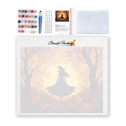 Silhouette de sorcière dans les bois de citrouilles – Peinture par numéros