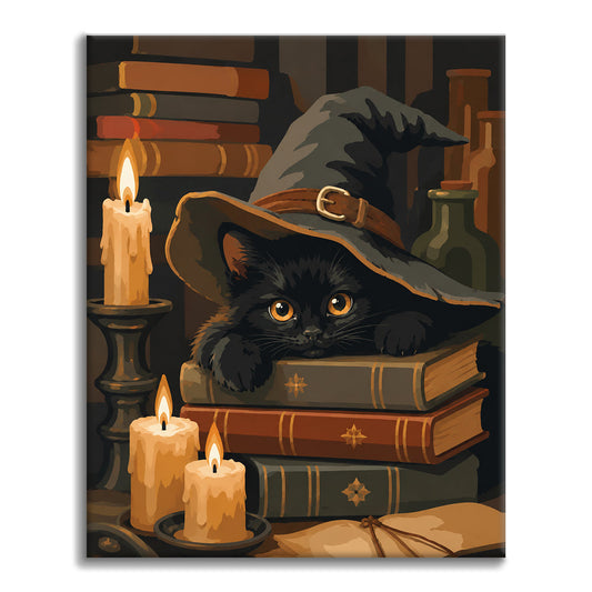 Chat noir sur des grimoires – Peinture par numéros