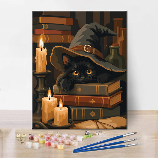Chat noir sur des grimoires – Peinture par numéros