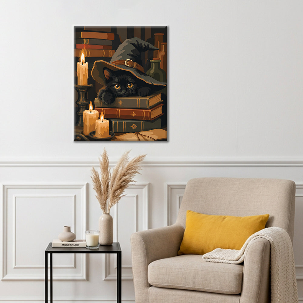 Chat noir sur des grimoires – Peinture par numéros