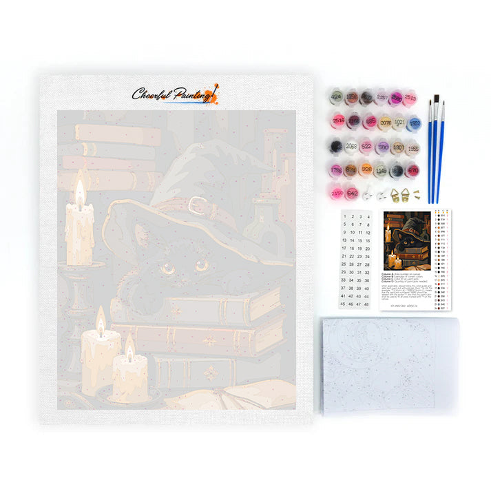 Chat noir sur des grimoires – Peinture par numéros