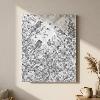 Jardin printanier avec oiseau chanteur - Peinture à points