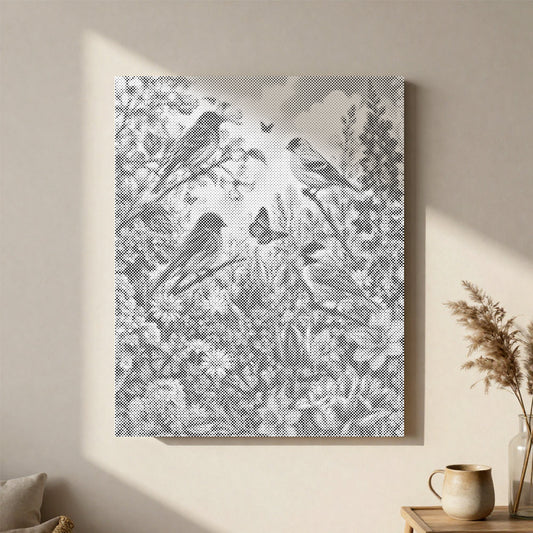 Jardin printanier avec oiseau chanteur - Peinture à points