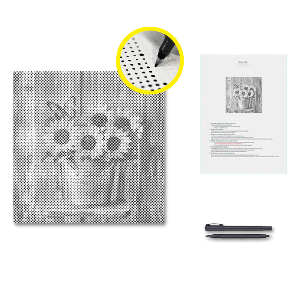 Tournesols sur une chaise en bois - Peinture à points