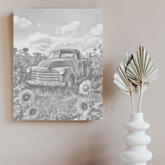 Camion vintage entouré de tournesols - Peinture à points