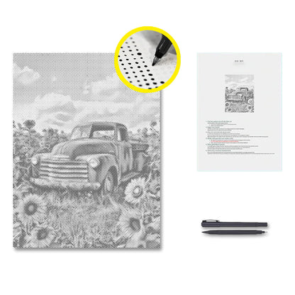 Camion vintage entouré de tournesols - Peinture à points