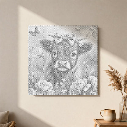 Adorable veau Highland fleuri - Peinture à points