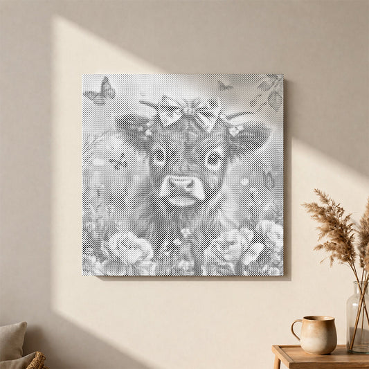 Adorable veau Highland fleuri - Peinture à points