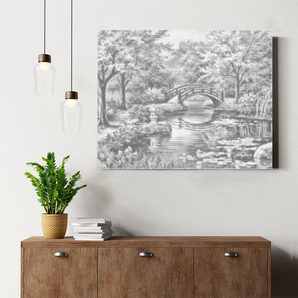 Pont, cerisier, rivière et fleurs - Peinture à points