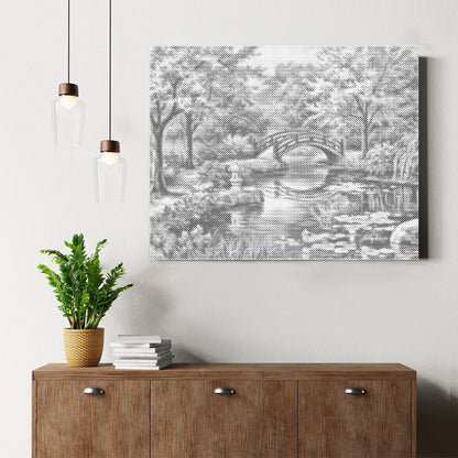 Pont, cerisier, rivière et fleurs - Peinture à points