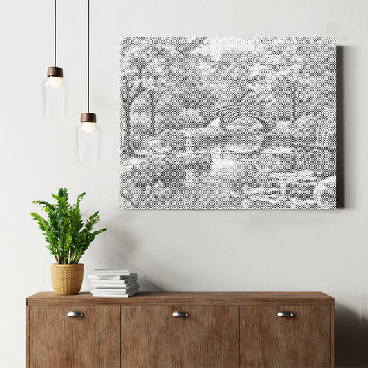 Pont, cerisier, rivière et fleurs - Peinture à points