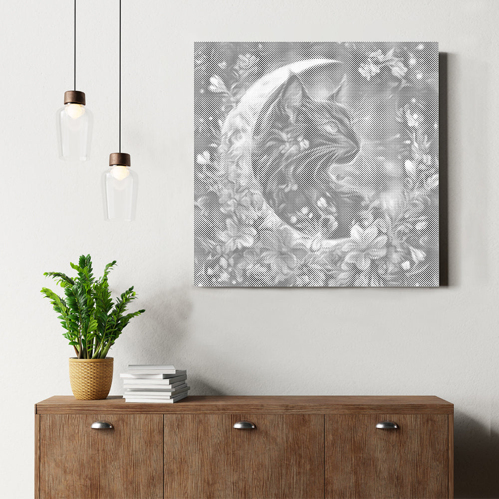Chat enchanté et lune – Peinture à points