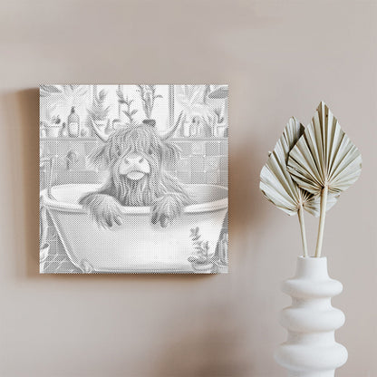 Vache Highland dans une salle de bain cosy – Peinture à points