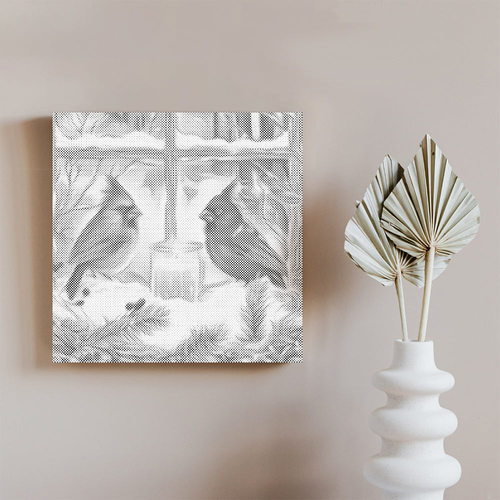 Cardinaux d'hiver à la fenêtre – Peinture à points