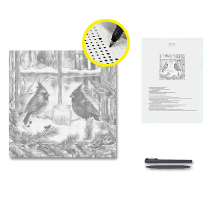 Cardinaux d'hiver à la fenêtre – Peinture à points