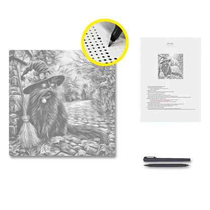 Chapeau de sorcière et balai – Peinture à points