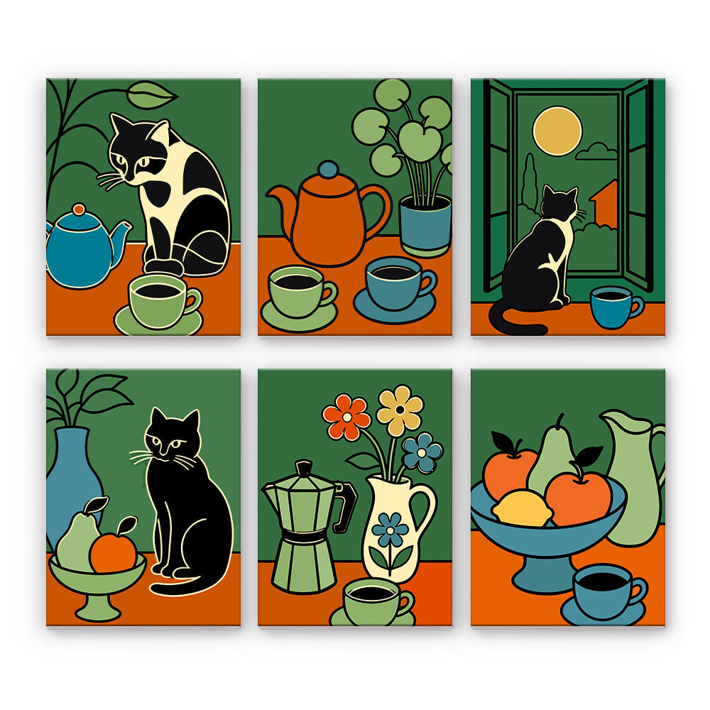 Chats et nature morte au café