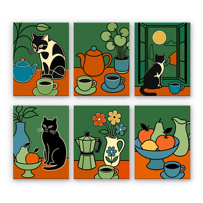 Chats et nature morte au café