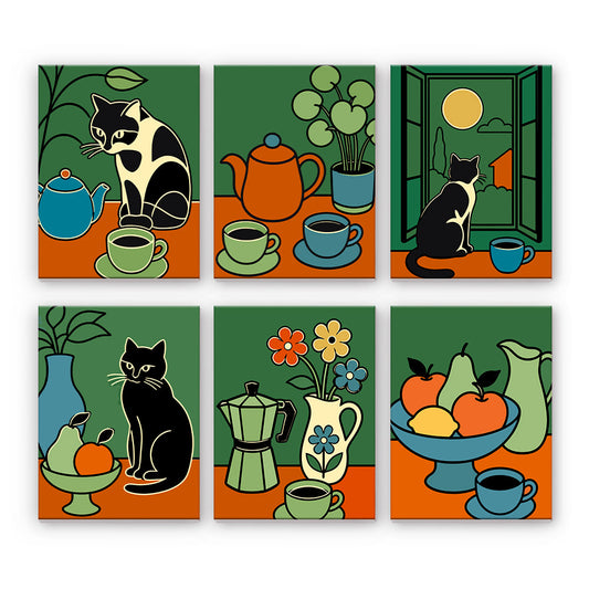 Chats et nature morte au café
