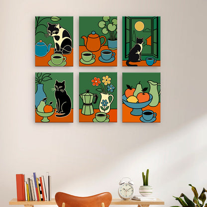Chats et nature morte au café