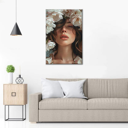 Belle fille portant une pivoine sur la tête - Peinture par numéros